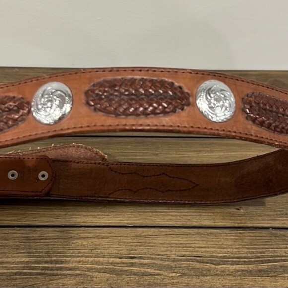 Men’s brown leather and silver color western style belt - Picture 2 of 7